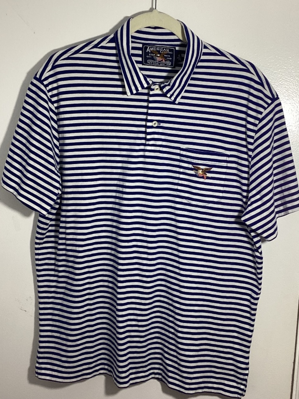 AMERICAN LIVING MEN'S SIZE LARGE SHORT SLEEVE POLO SHIRT NAVY WHITE STRIPES
